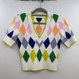 Kate Spade Spring Argyle Sweater XXS Colorful V Neck Short Sleeve Preppy